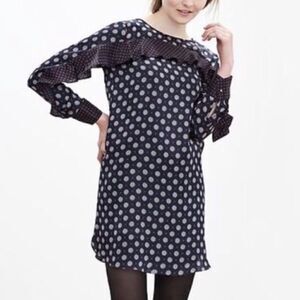 Banana Republic Foulard Ruffle Yoke Sleeve Shift Silk Dress Navy Burgundy 4